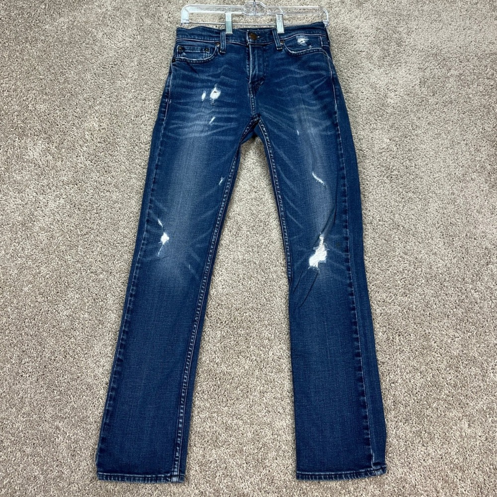 Hollister Slim‎ Straight Jeans Mens 30x32 Dark Wash 5 Pocket Distressed Ripped